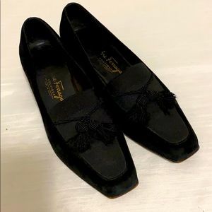 Salvatore Ferragamo Black Suede Tassel Heels 7 B